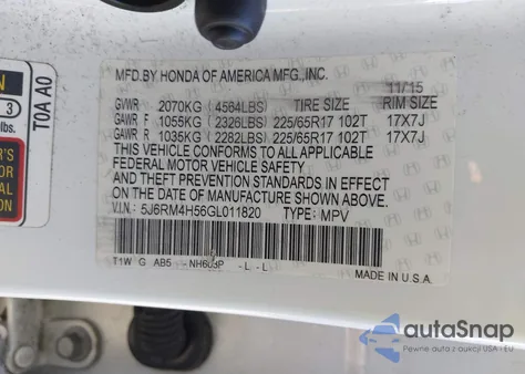 2016 Honda Cr-V Ex z USA, uszkodzony, nr VIN 5J6RM4H56GL011820